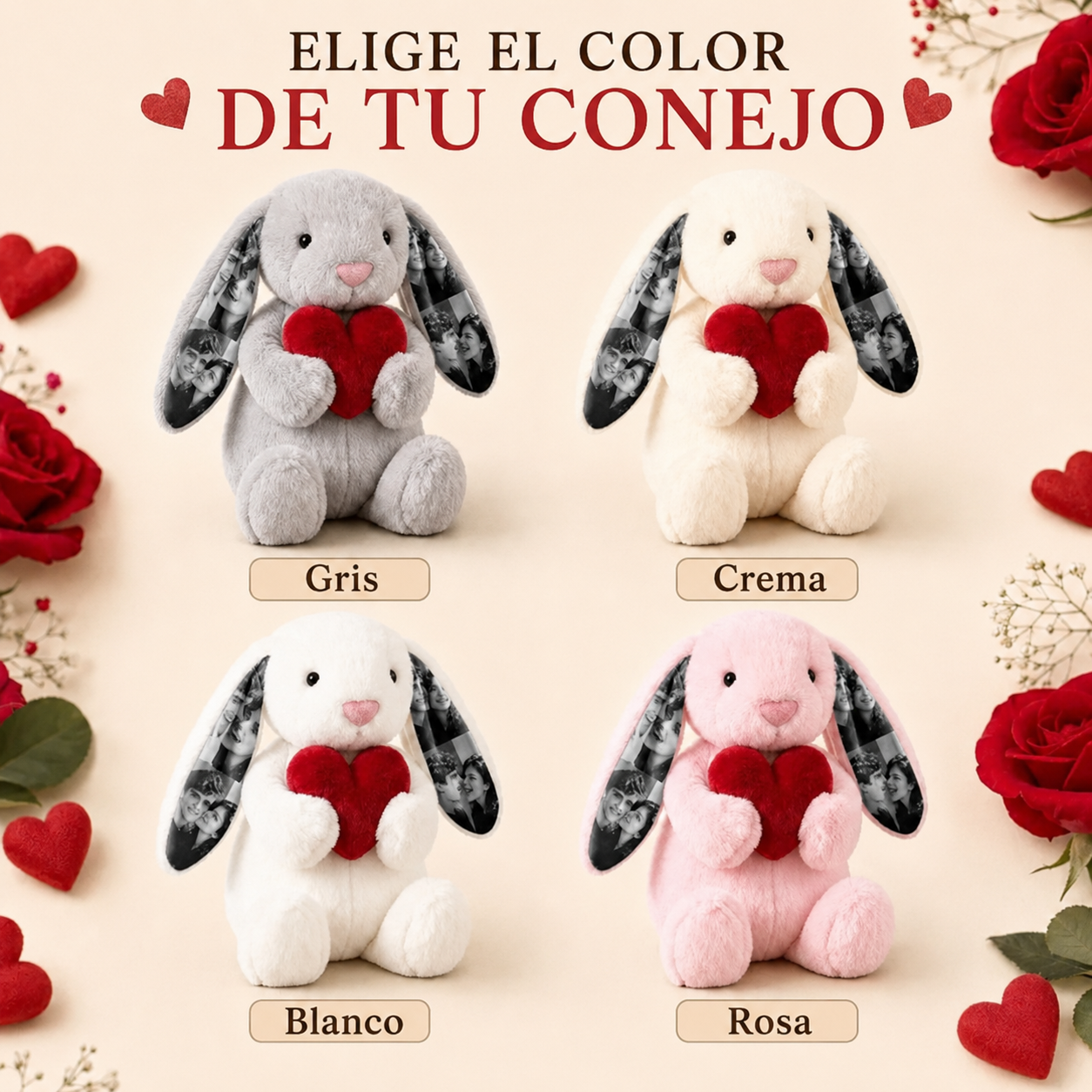 Conejito de Peluche Personalizado con 4 Fotos y Corazón Rojo Regalo de Aniversario y San Valentín para Parejas