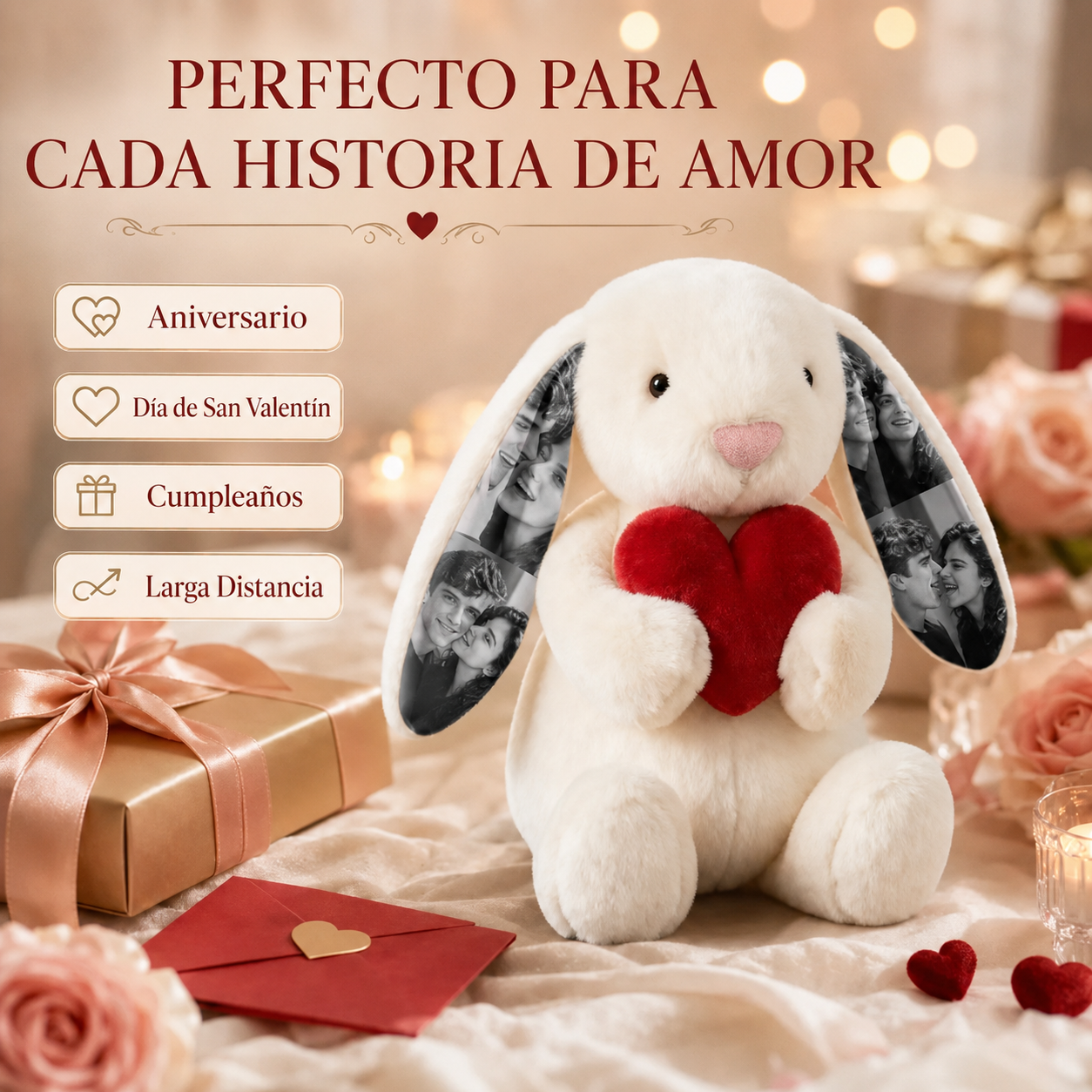 Conejito de Peluche Personalizado con 4 Fotos y Corazón Rojo Regalo de Aniversario y San Valentín para Parejas