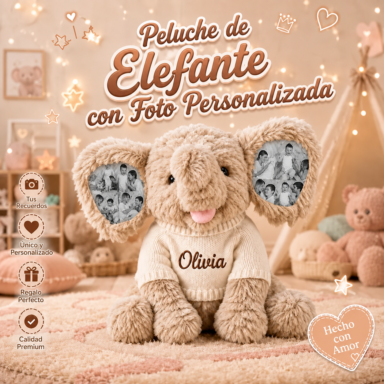 Elefante de Peluche Personalizado con 8 Fotos y Nombre Bordado Regalo de Cumpleaños y Vuelta al Cole para Niños