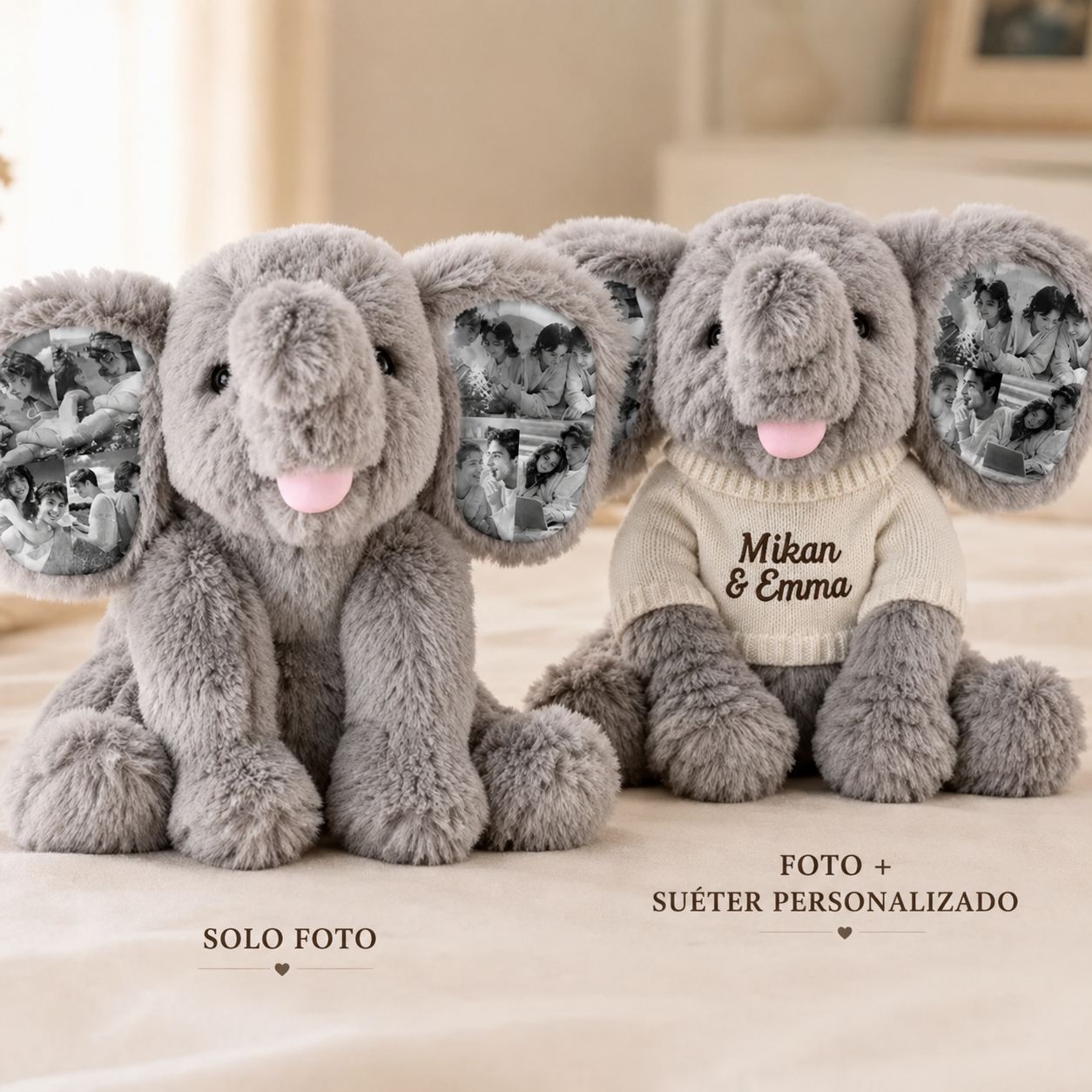 Elefante de Peluche Personalizado con 8 Fotos y Nombre Bordado Regalo de Aniversario y Recuerdo para Parejas