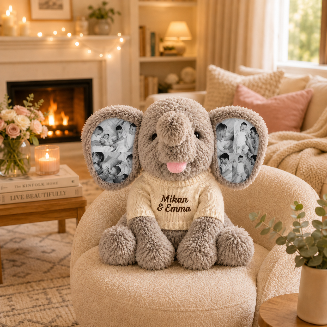 Elefante de Peluche Personalizado con 8 Fotos y Nombre Bordado Regalo de Cumpleaños y Vuelta al Cole para Niños