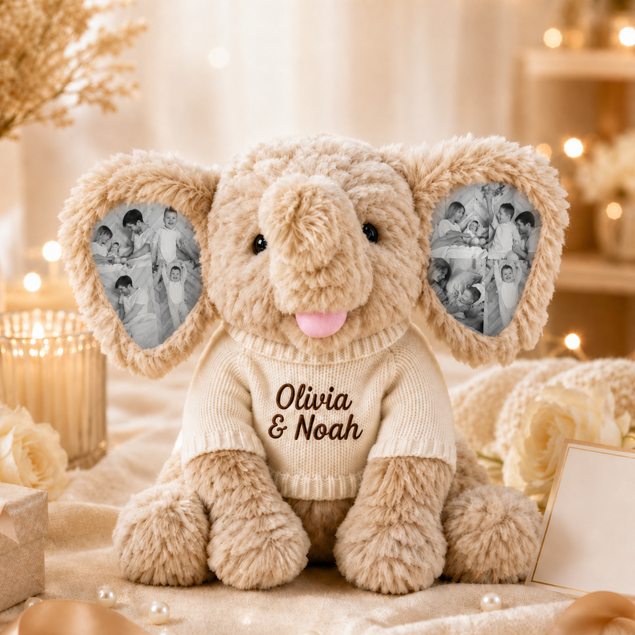 Elefante de Peluche Personalizado con 8 Fotos y Nombre Bordado Regalo de Cumpleaños y Vuelta al Cole para Niños