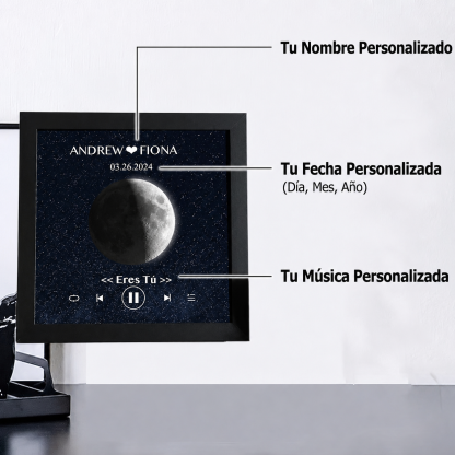 Cuadro de Música con Fases de la Luna y Fecha Personalizada Regalo de Aniversario con Canción Completa