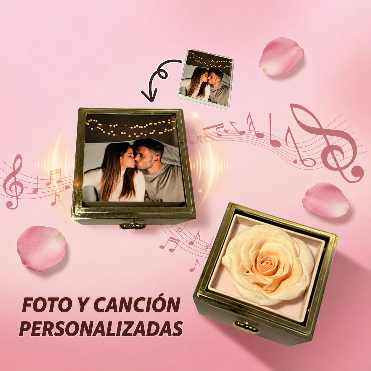 Caja de Música Personalizada con Rosa Preservada, Foto y Canción Completa Regalo San Valentín y Aniversario
