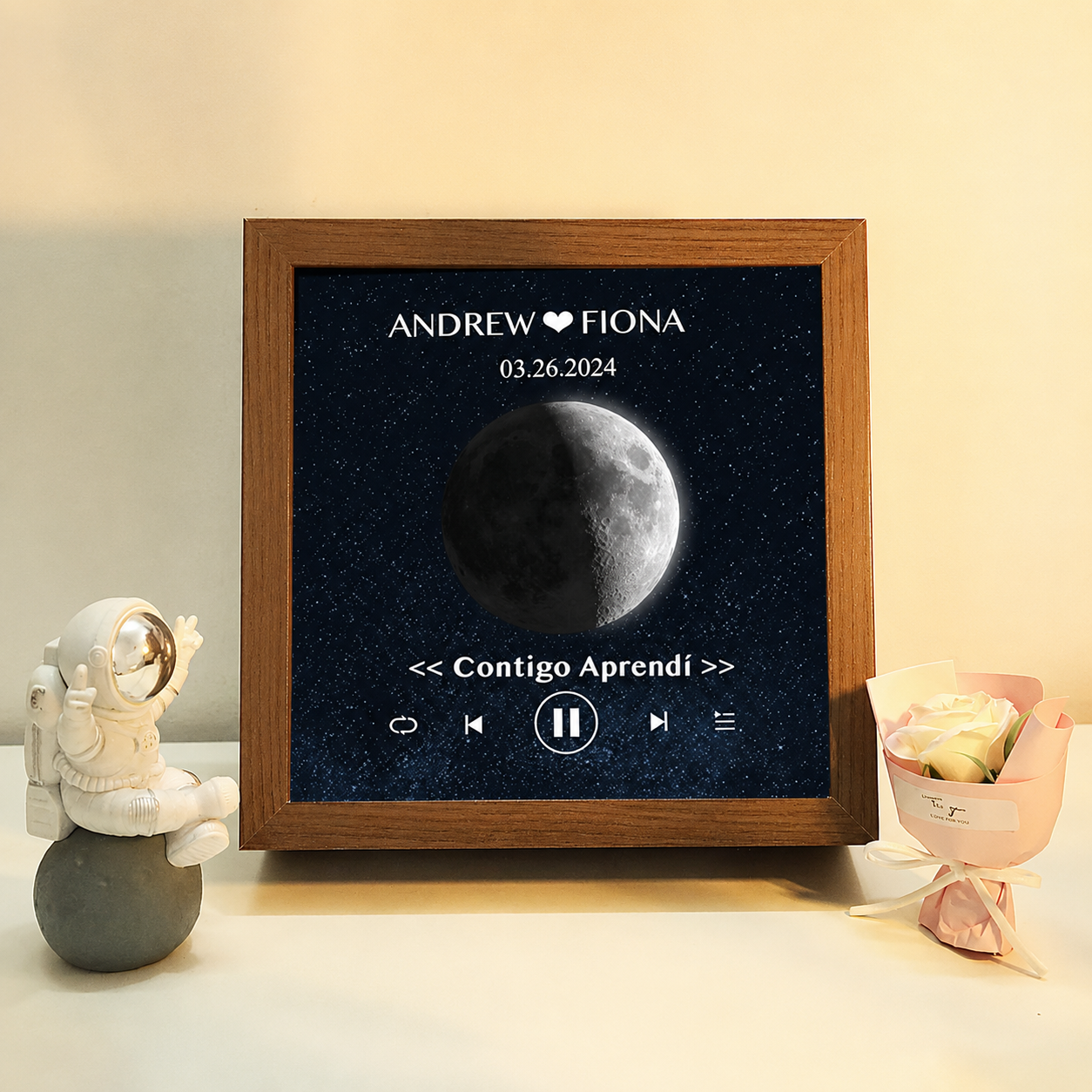 Cuadro de Música con Fases de la Luna y Fecha Personalizada Regalo de Aniversario con Canción Completa
