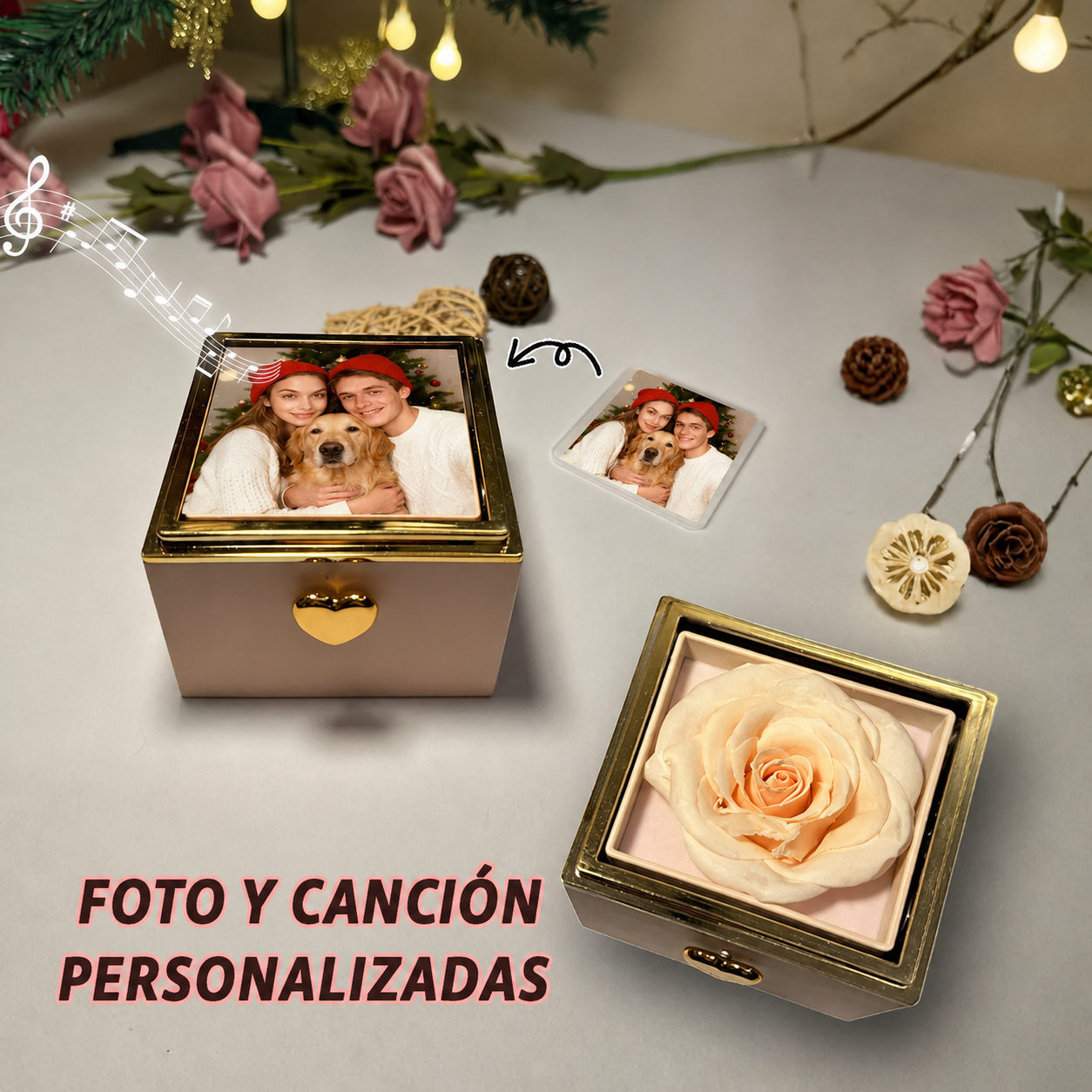 Caja de Música Personalizada con Rosa Preservada, Foto y Canción Completa Regalo San Valentín y Aniversario