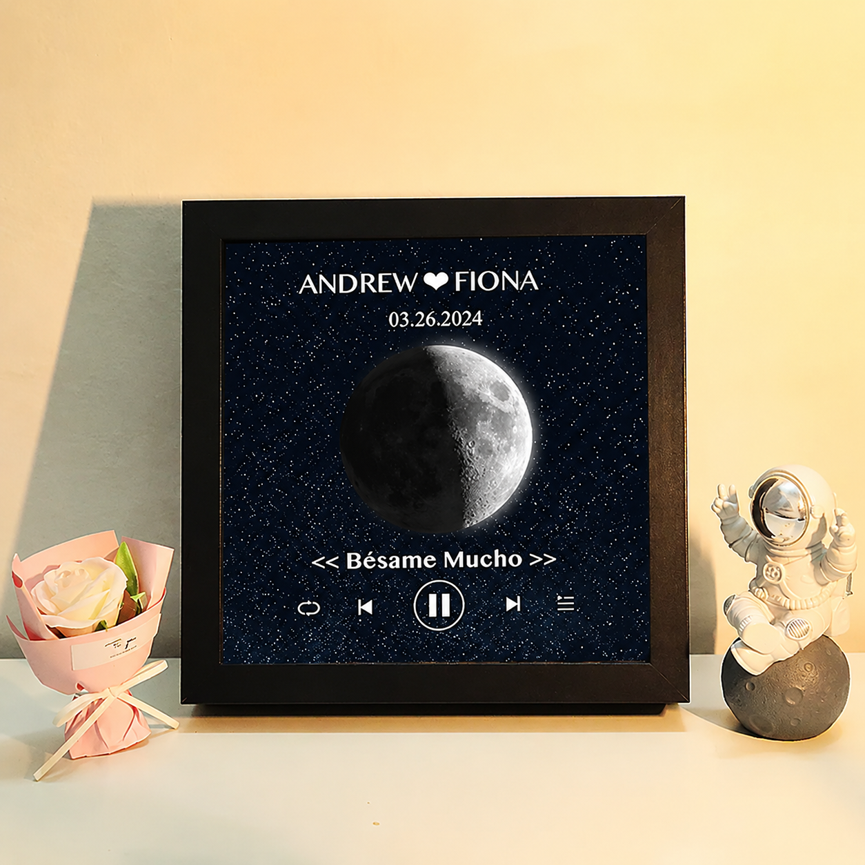 Cuadro de Música con Fases de la Luna y Fecha Personalizada Regalo de Aniversario con Canción Completa