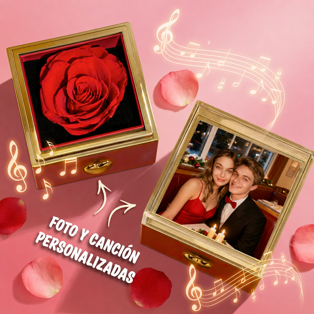 Caja de Música Personalizada con Rosa Preservada, Foto y Canción Completa Regalo San Valentín y Aniversario
