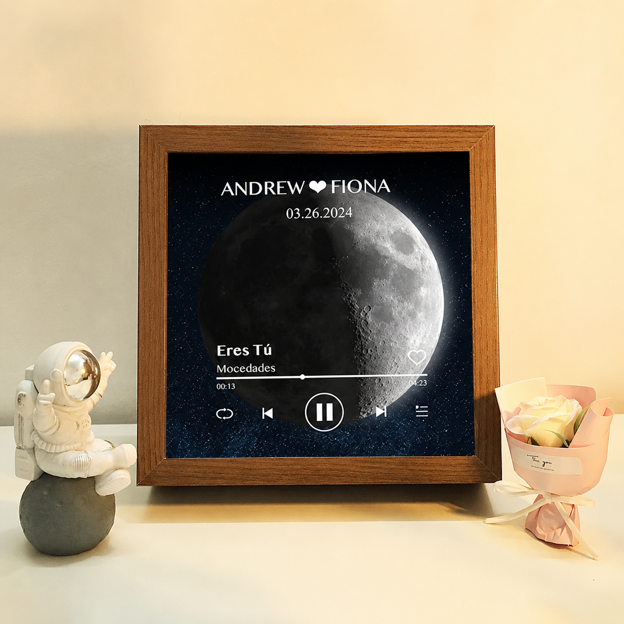 Cuadro de Música con Fases de la Luna y Fecha Personalizada Regalo de Aniversario con Canción Completa