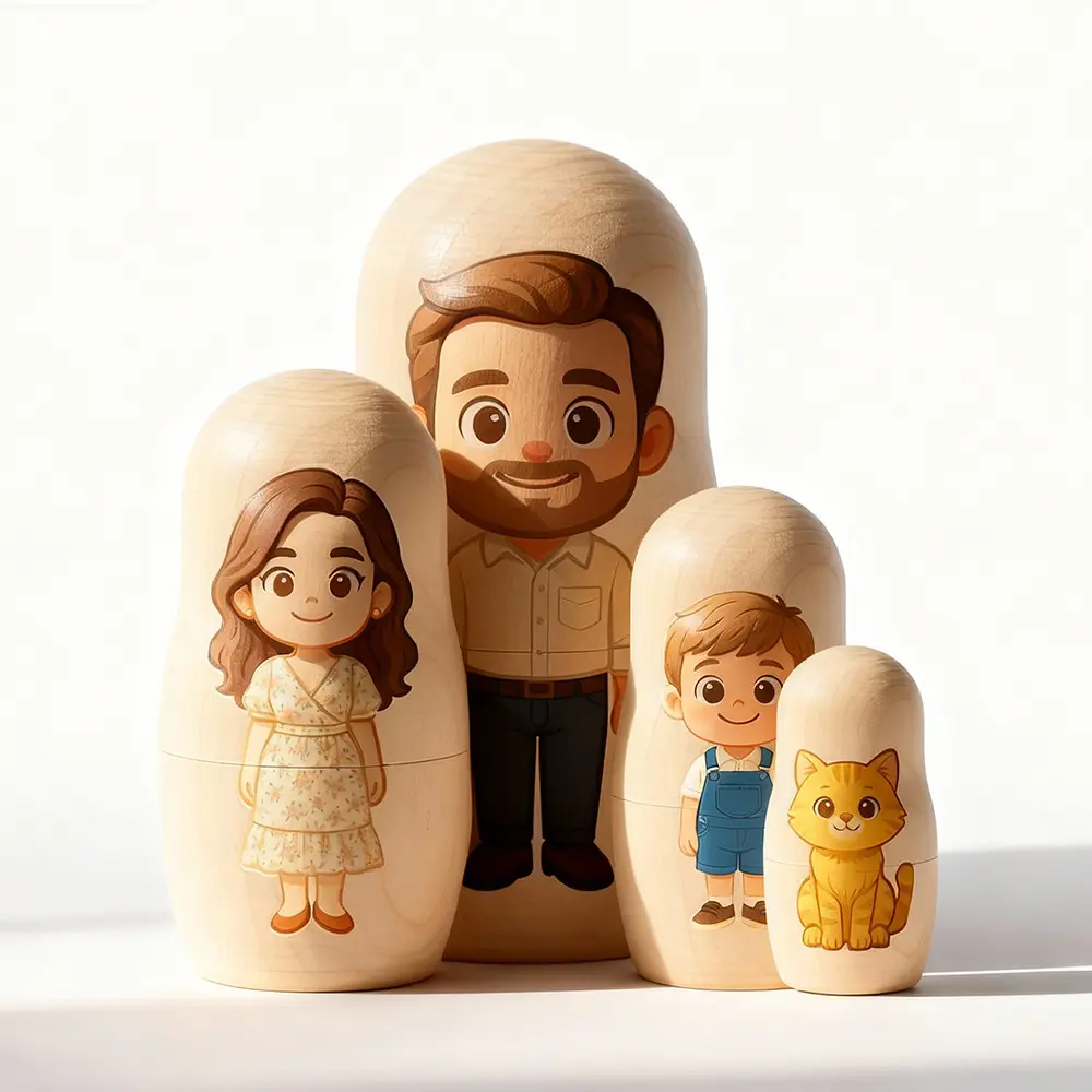 Muñecas Rusas Personalizadas con Retrato Familiar Matrioskas Rusas de Madera Estilo Cartoon Regalo de Navidad