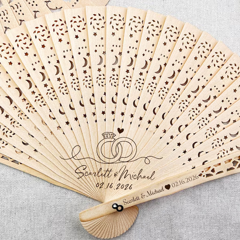 Abanicos Personalizados de Sándalo Grabados Set de 6 para Novia, Damas de Honor e Invitados