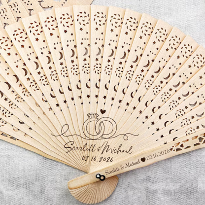 Abanicos Personalizados de Sándalo Grabados Set de 6 para Novia, Damas de Honor e Invitados
