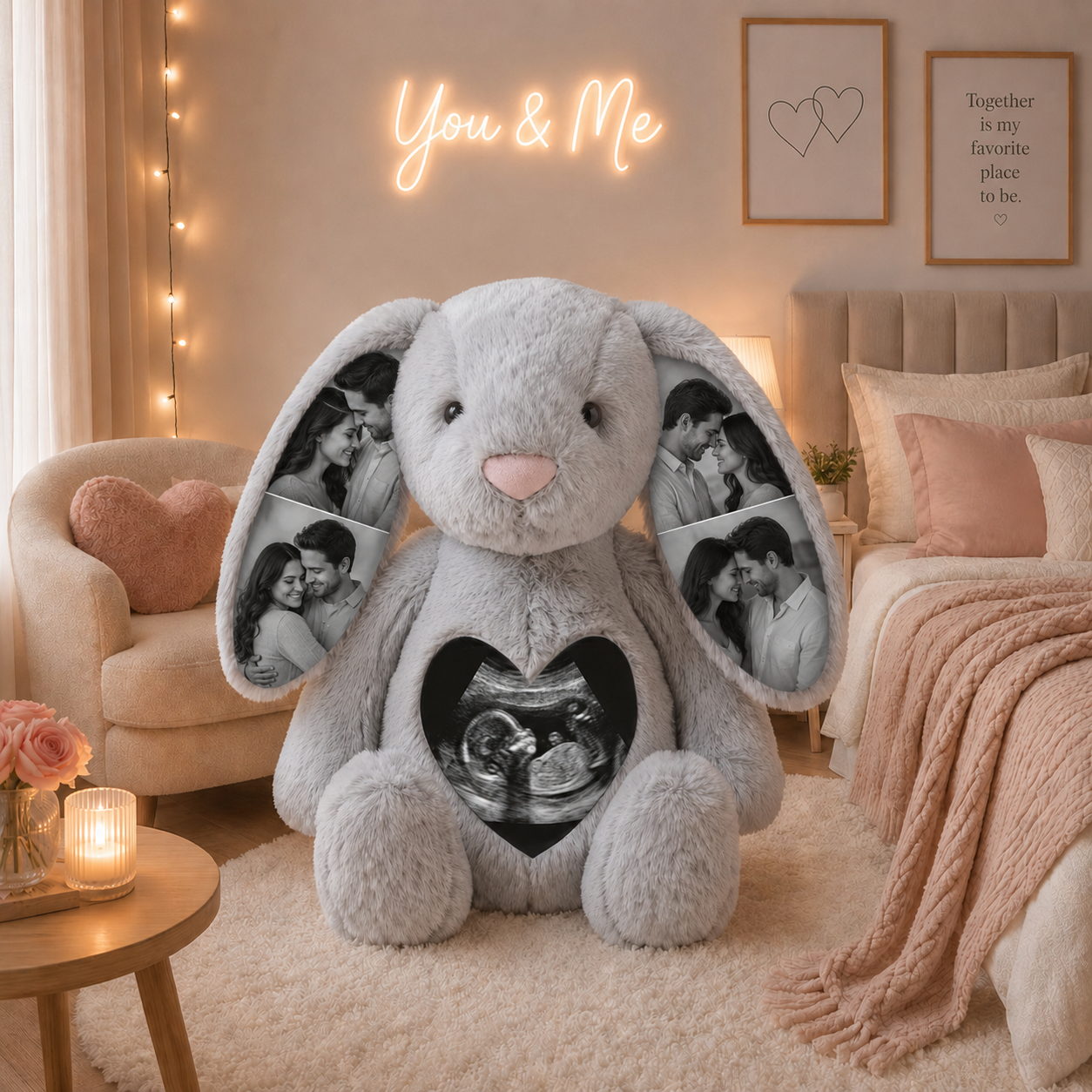 Conejito de Peluche Personalizado con Ecografía y 4 Fotos Regalo de Embarazo y Anuncio de Bebé para Futura Mamá