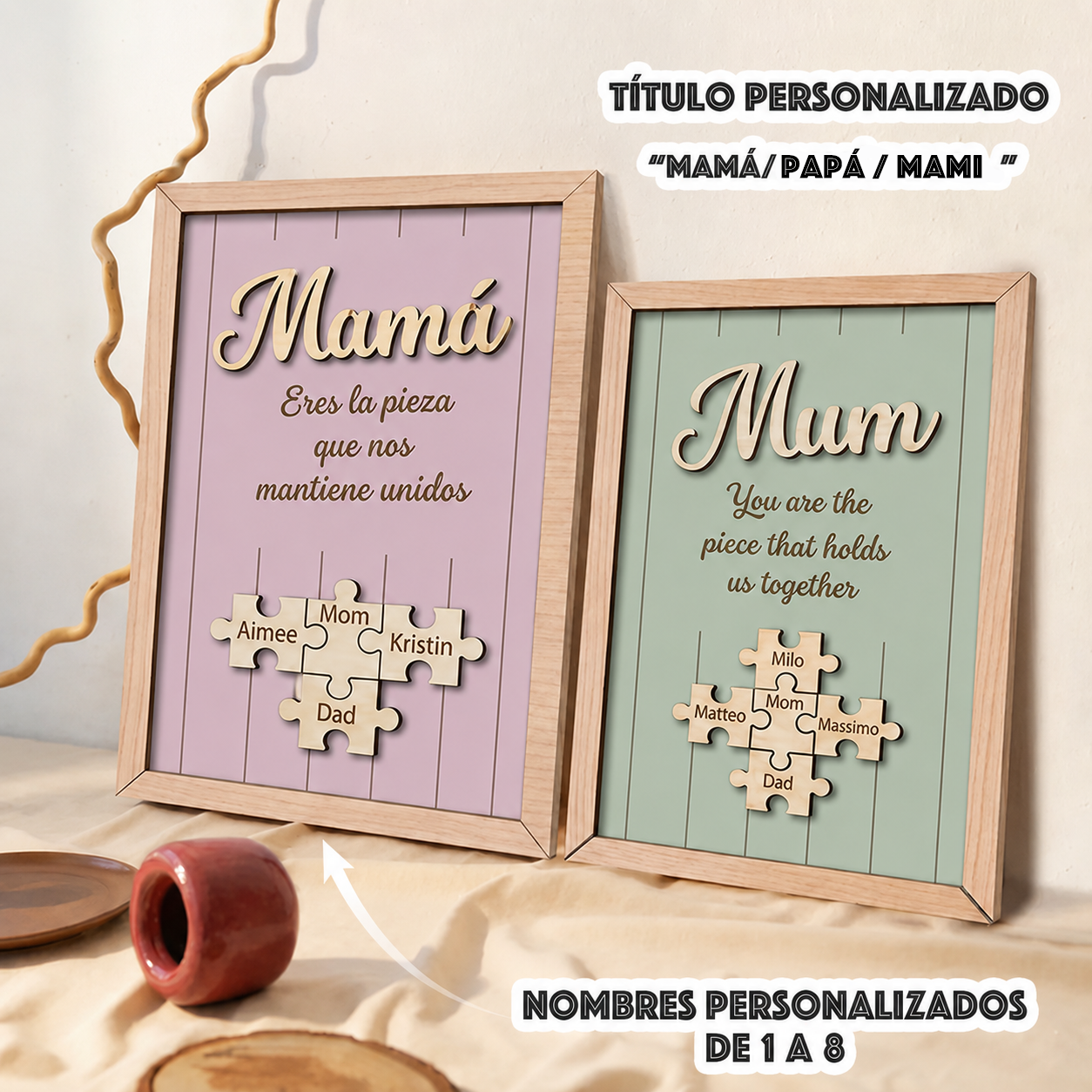 Cuadro Puzzle con Marco de Madera Personalizado Eres la Pieza que Nos Mantiene Unidos Regalo para Mamá Colores y Nombres Grabados