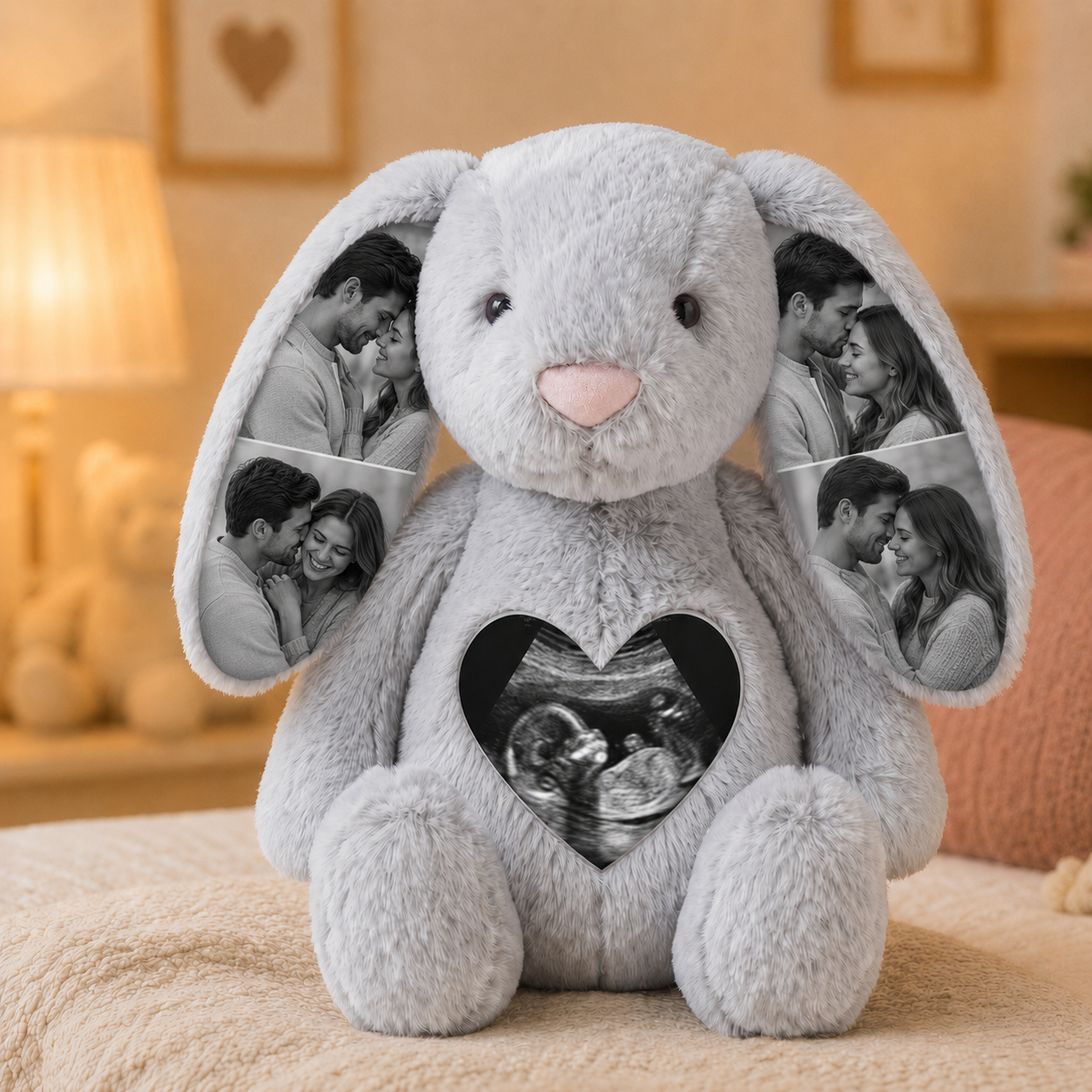 Conejito de Peluche Personalizado con Ecografía y 4 Fotos Regalo de Embarazo y Anuncio de Bebé para Futura Mamá
