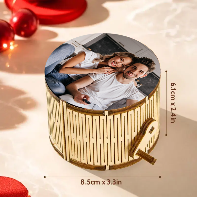 Caja de Música Personalizada Cilíndrica de Madera con Foto y Canción Completa Regalo Romántico