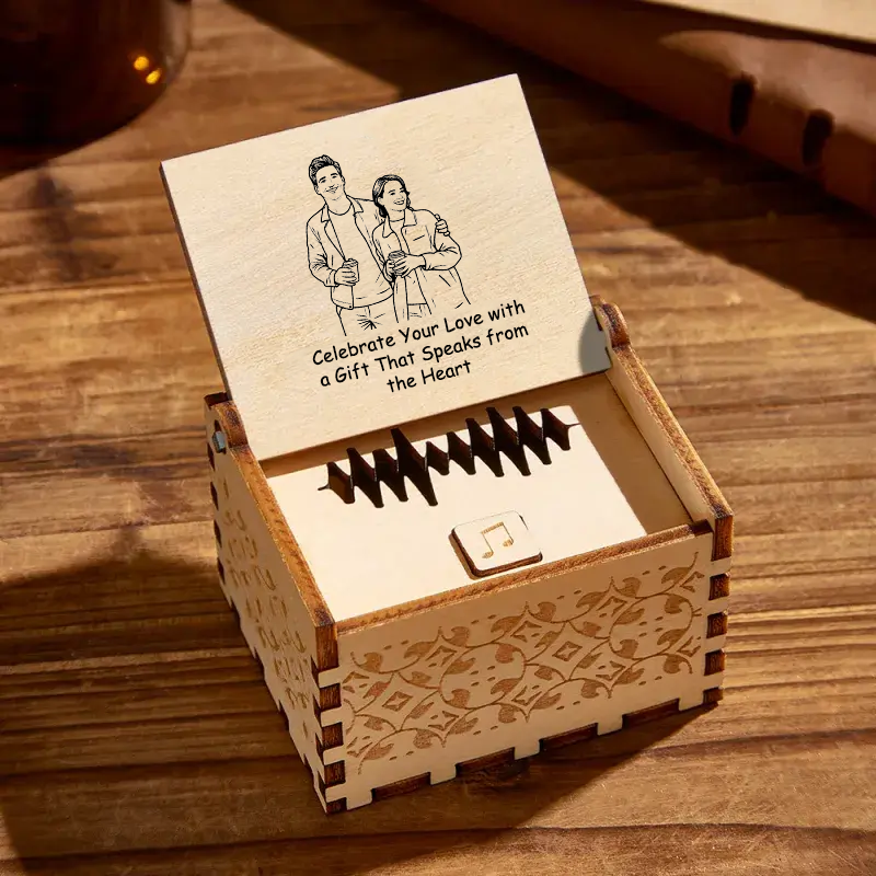 Caja de Música Personalizada de Madera Digital con Foto en Dibujo Lineal y Canción Completa Regalo de Amor