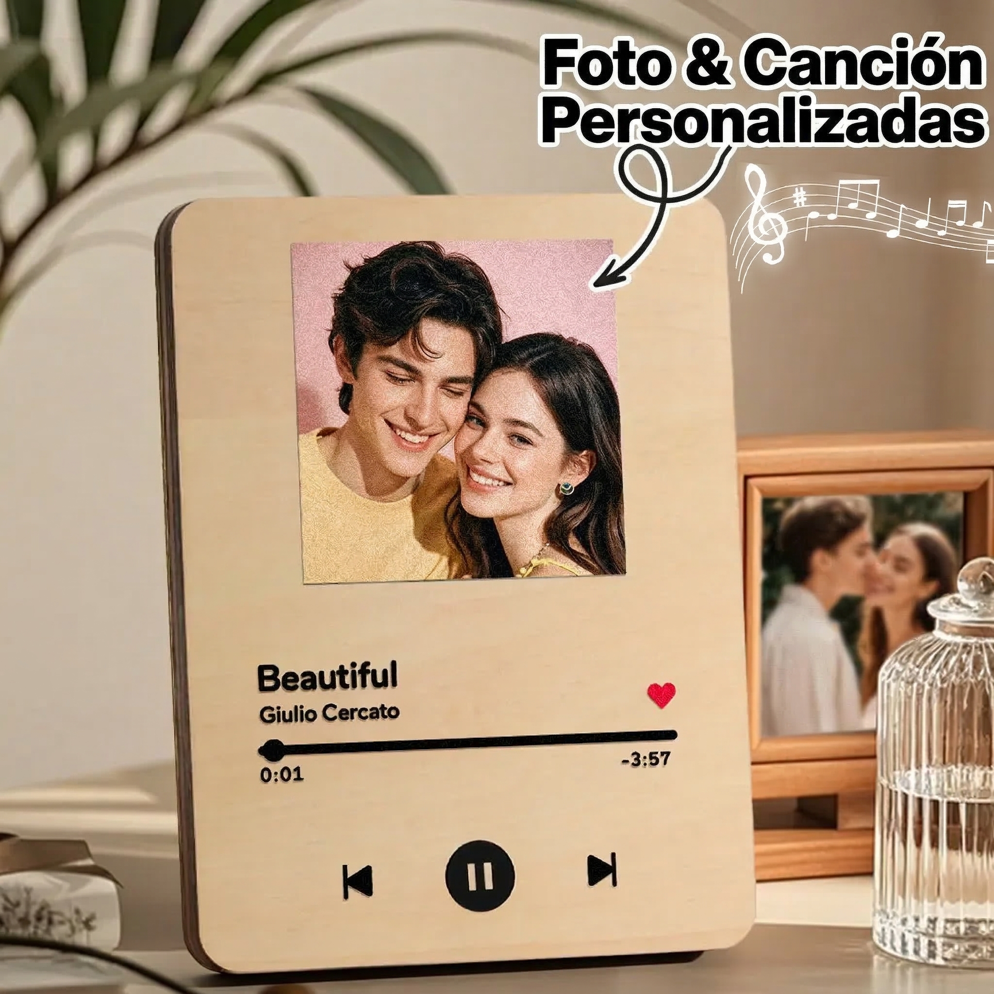 Marco de Madera con Foto y Canción Personalizada Reproductor Musical de Canción Completa Regalo de Boda y Aniversario para Parejas
