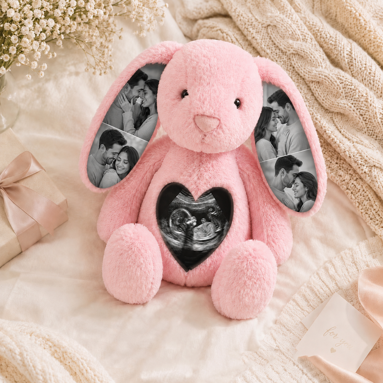 Conejito de Peluche Personalizado con Ecografía y 4 Fotos Regalo de Embarazo y Anuncio de Bebé para Futura Mamá