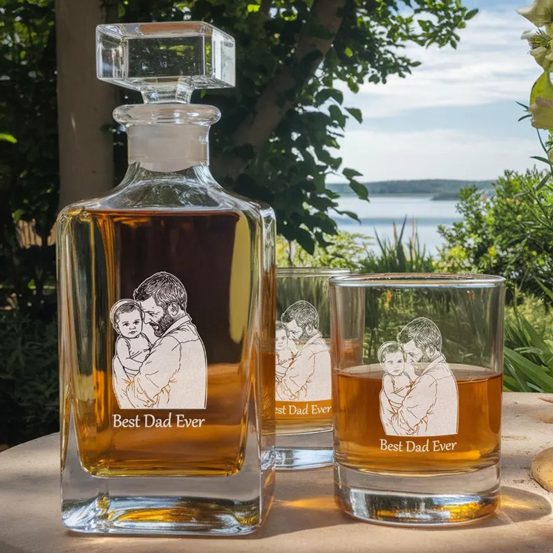 Botella de Whisky con Vasos Personalizada con Foto Decantador Grabado y Set con Piedras de Hielo Regalo para el Día del Padre
