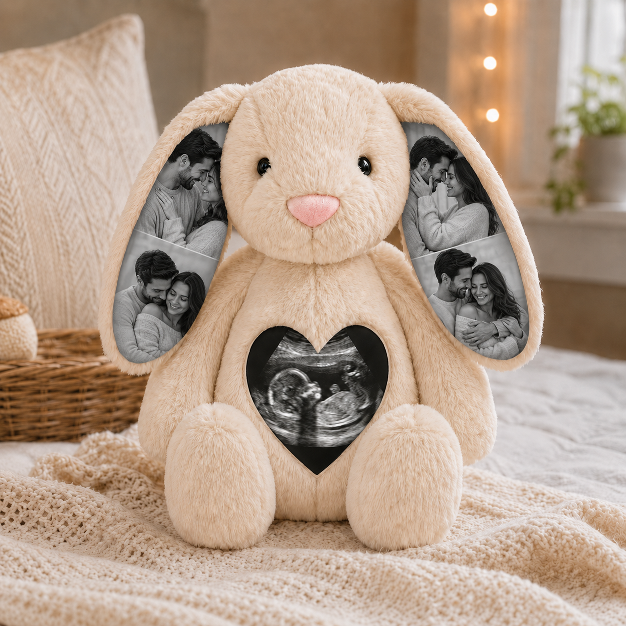 Conejito de Peluche Personalizado con Ecografía y 4 Fotos Regalo de Embarazo y Anuncio de Bebé para Futura Mamá