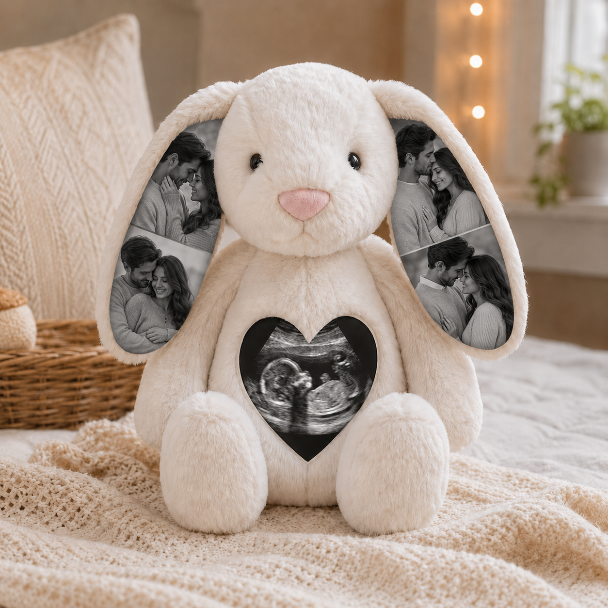 Conejito de Peluche Personalizado con Ecografía y 4 Fotos Regalo de Embarazo y Anuncio de Bebé para Futura Mamá