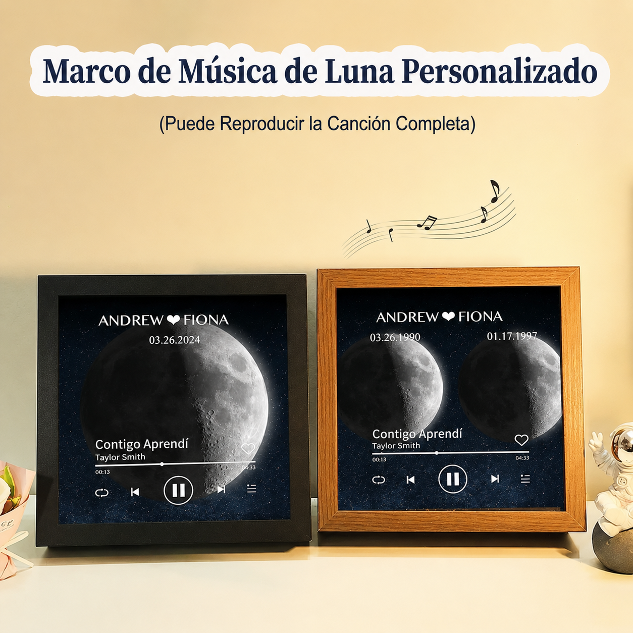 Cuadro de Música con Fases de la Luna y Fecha Personalizada Regalo de Aniversario con Canción Completa
