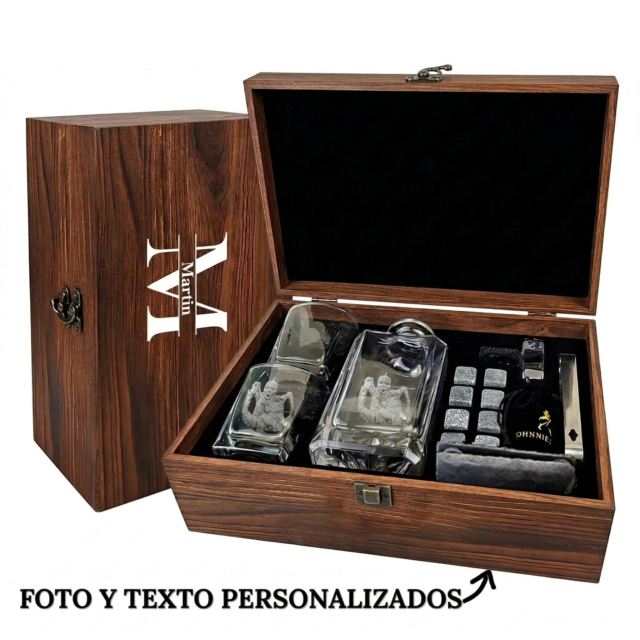 Botella de Whisky con Vasos Personalizada con Foto Decantador Grabado y Set con Piedras de Hielo Regalo para el Día del Padre