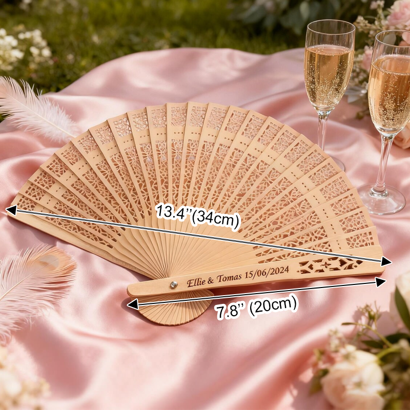 Abanicos Personalizados de Sándalo Grabados Set de 6 para Novia, Damas de Honor e Invitados