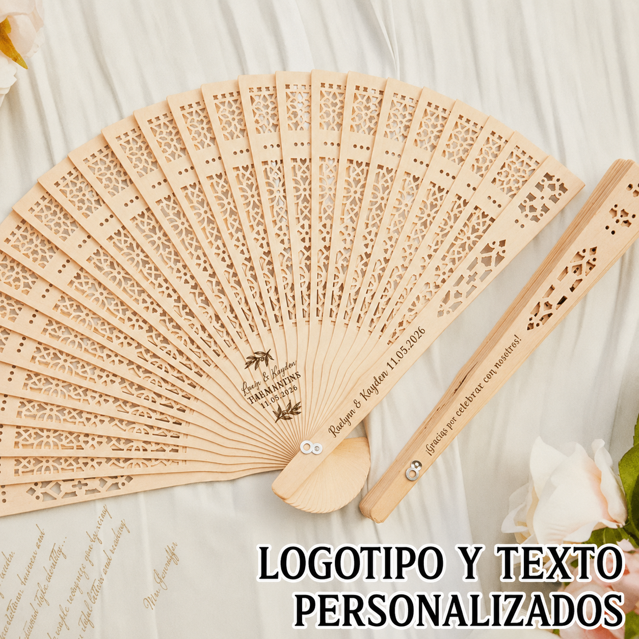 Abanicos Personalizados de Sándalo Grabados Set de 6 para Novia, Damas de Honor e Invitados