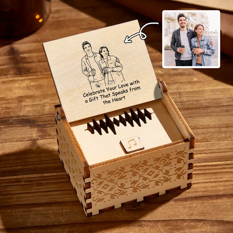 Caja de Música Personalizada de Madera Digital con Foto en Dibujo Lineal y Canción Completa Regalo de Amor
