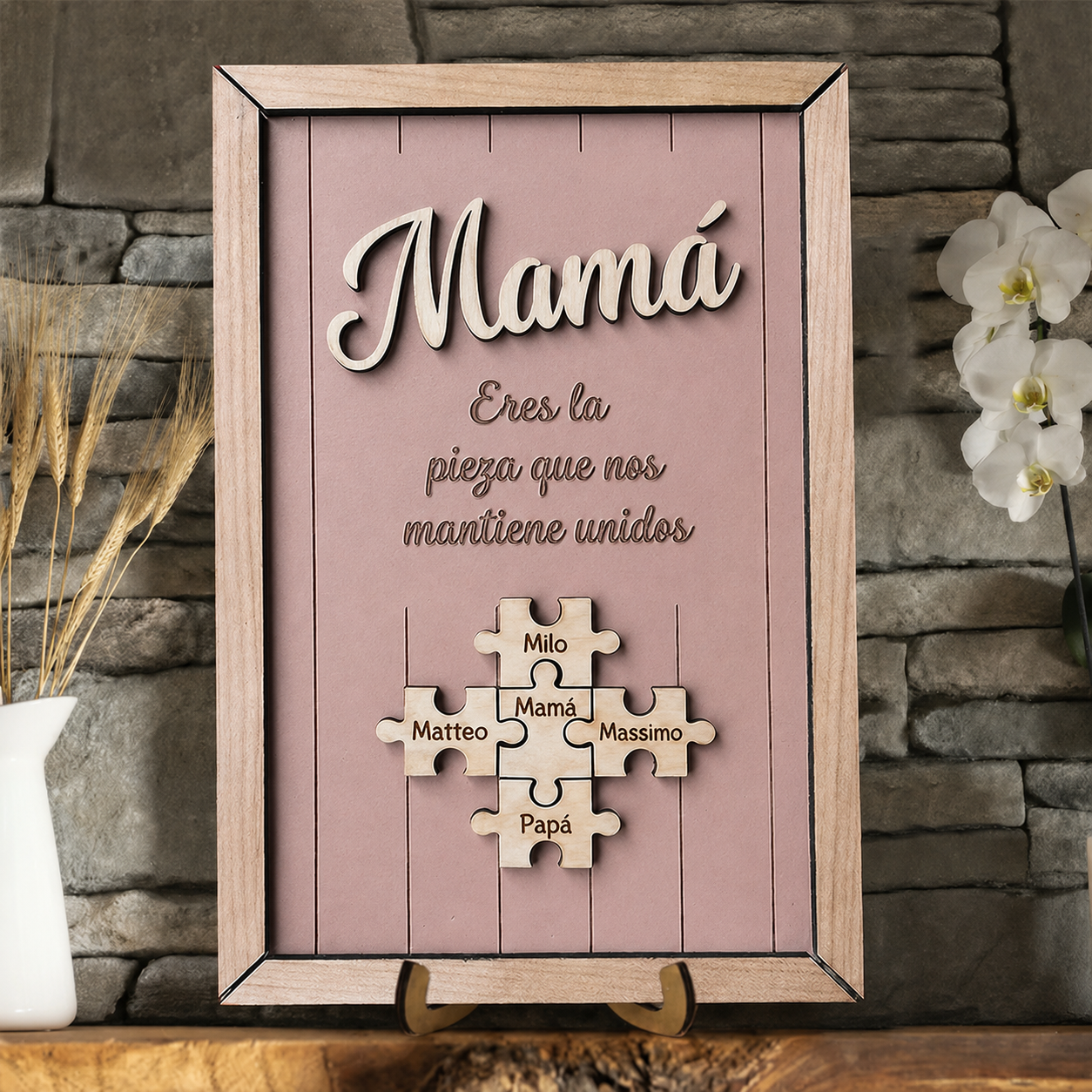 Cuadro Puzzle con Marco de Madera Personalizado Eres la Pieza que Nos Mantiene Unidos Regalo para Mamá Colores y Nombres Grabados