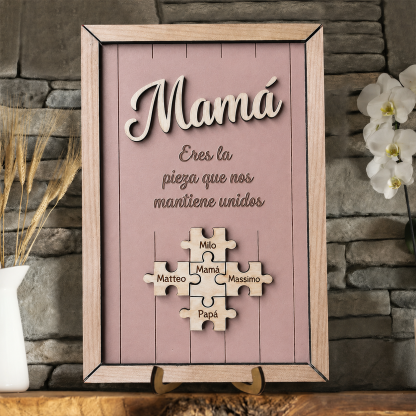 Cuadro Puzzle con Marco de Madera Personalizado Eres la Pieza que Nos Mantiene Unidos Regalo para Mamá Colores y Nombres Grabados