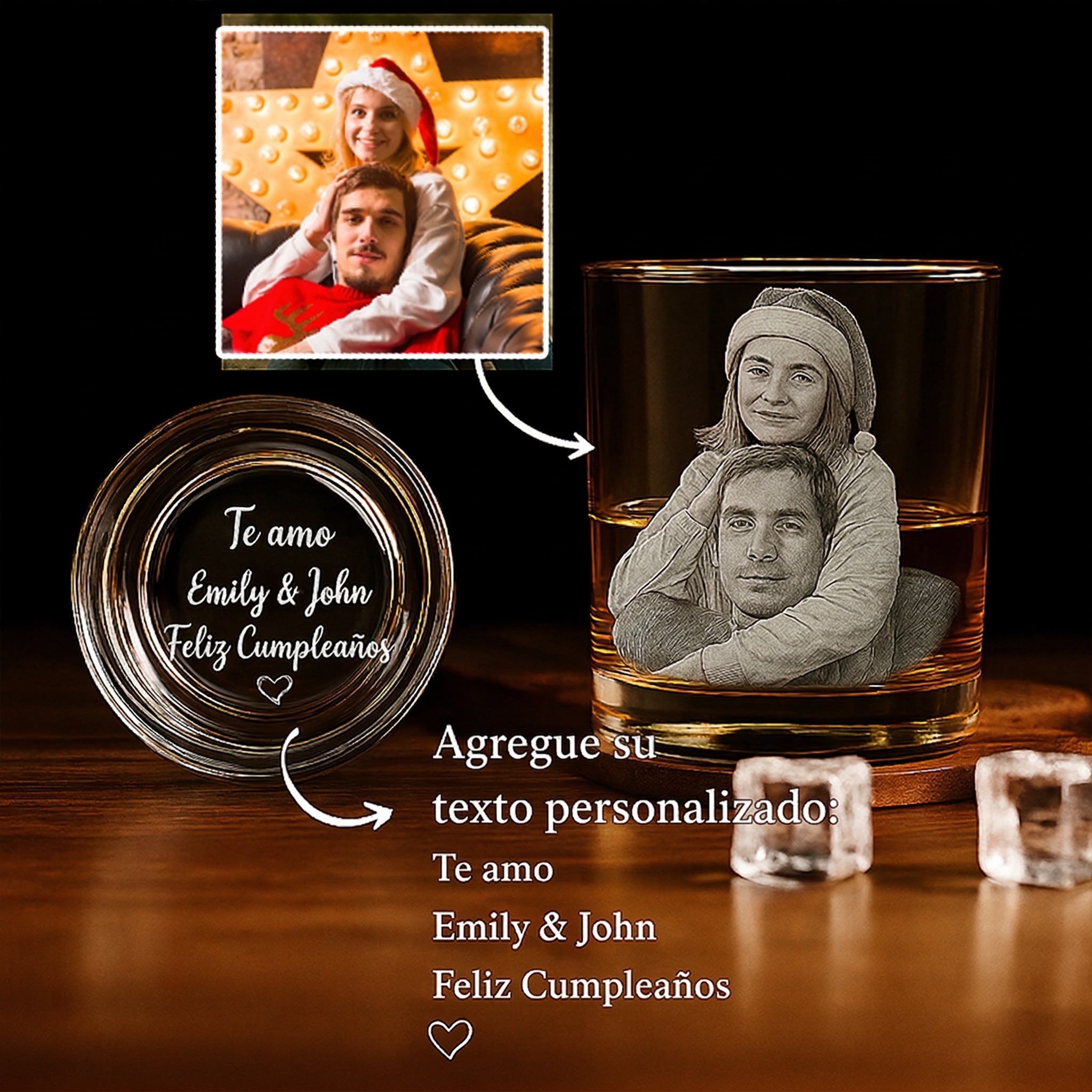 Vasos para Whisky Personalizados con Foto y Mensaje Manuscrito Vaso de Whisky Grabado Tipo Rock Regalo de Navidad