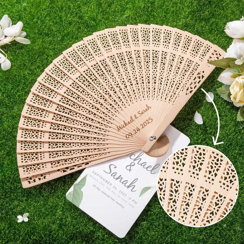 Abanicos Personalizados de Sándalo Grabados Set de 6 para Novia, Damas de Honor e Invitados