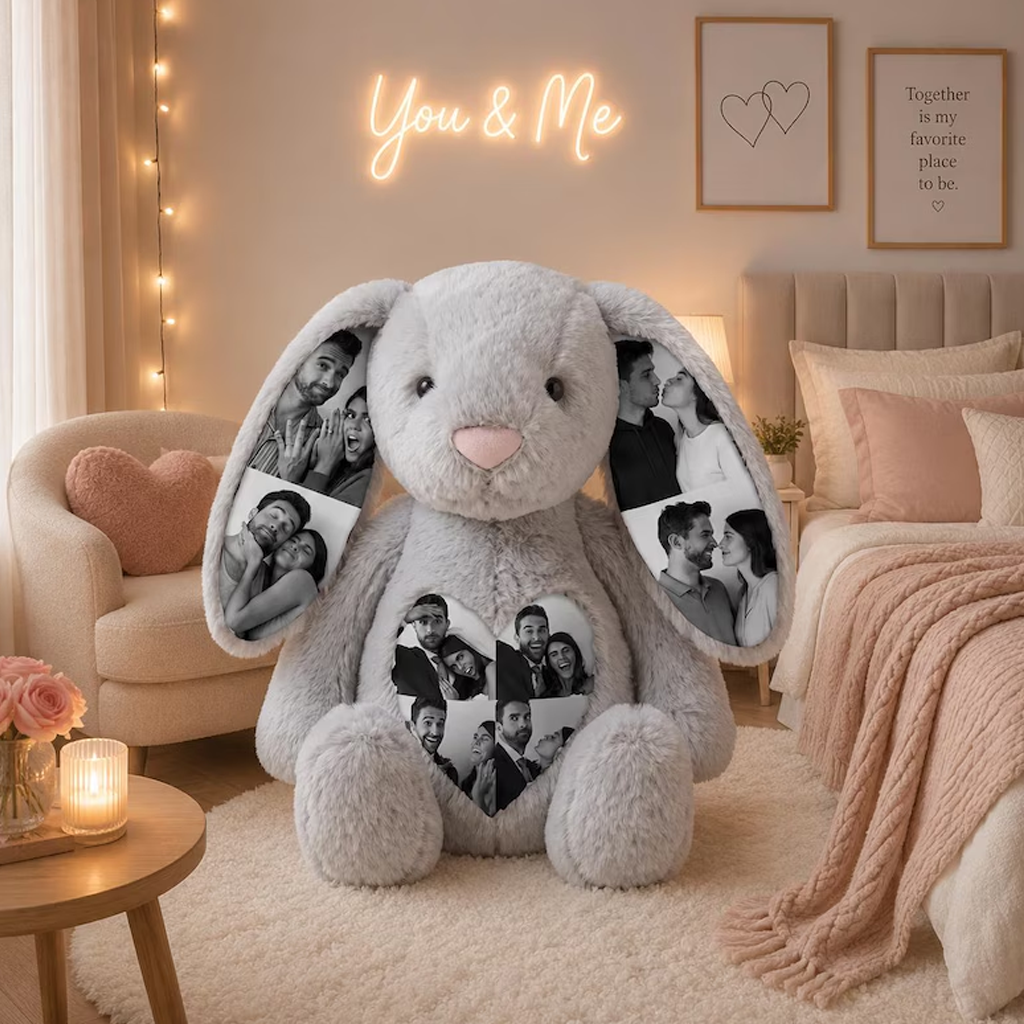 Conejito de Peluche Personalizado con Fotos Ocultas y Corazón con Foto Regalo de Aniversario para Parejas