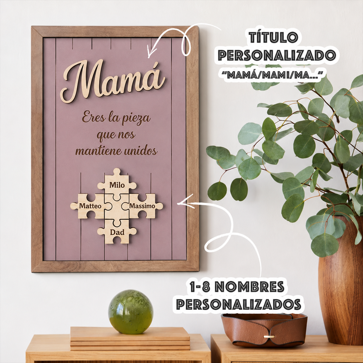 Cuadro Puzzle con Marco de Madera Personalizado Eres la Pieza que Nos Mantiene Unidos Regalo para Mamá Colores y Nombres Grabados
