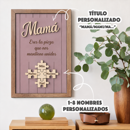 Cuadro Puzzle con Marco de Madera Personalizado Eres la Pieza que Nos Mantiene Unidos Regalo para Mamá Colores y Nombres Grabados