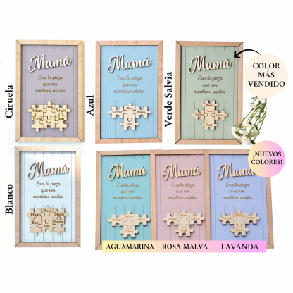 Cuadro Puzzle con Marco de Madera Personalizado Eres la Pieza que Nos Mantiene Unidos Regalo para Mamá Colores y Nombres Grabados