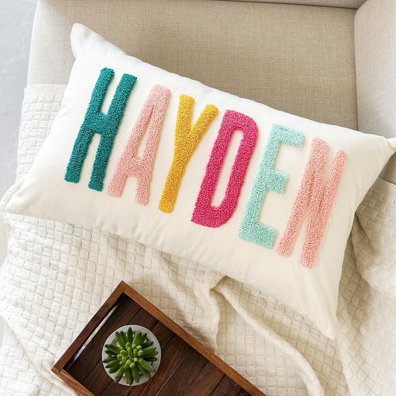 Cojín de Letras Tufting Ya Terminado Almohada con Nombre Bordado a Mano para Bebé Regalo de Navidad