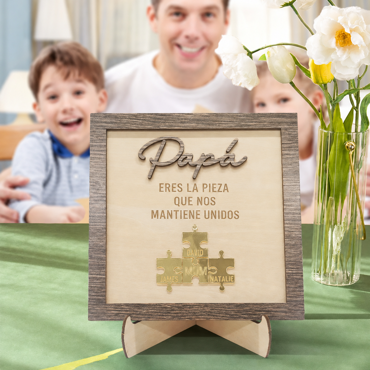 Cuadro Puzzle de Madera Personalizado con Nombres para Papá Eres la Pieza que Nos Mantiene Unidos Regalo para Papá