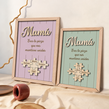Cuadro Puzzle con Marco de Madera Personalizado Eres la Pieza que Nos Mantiene Unidos Regalo para Mamá Colores y Nombres Grabados
