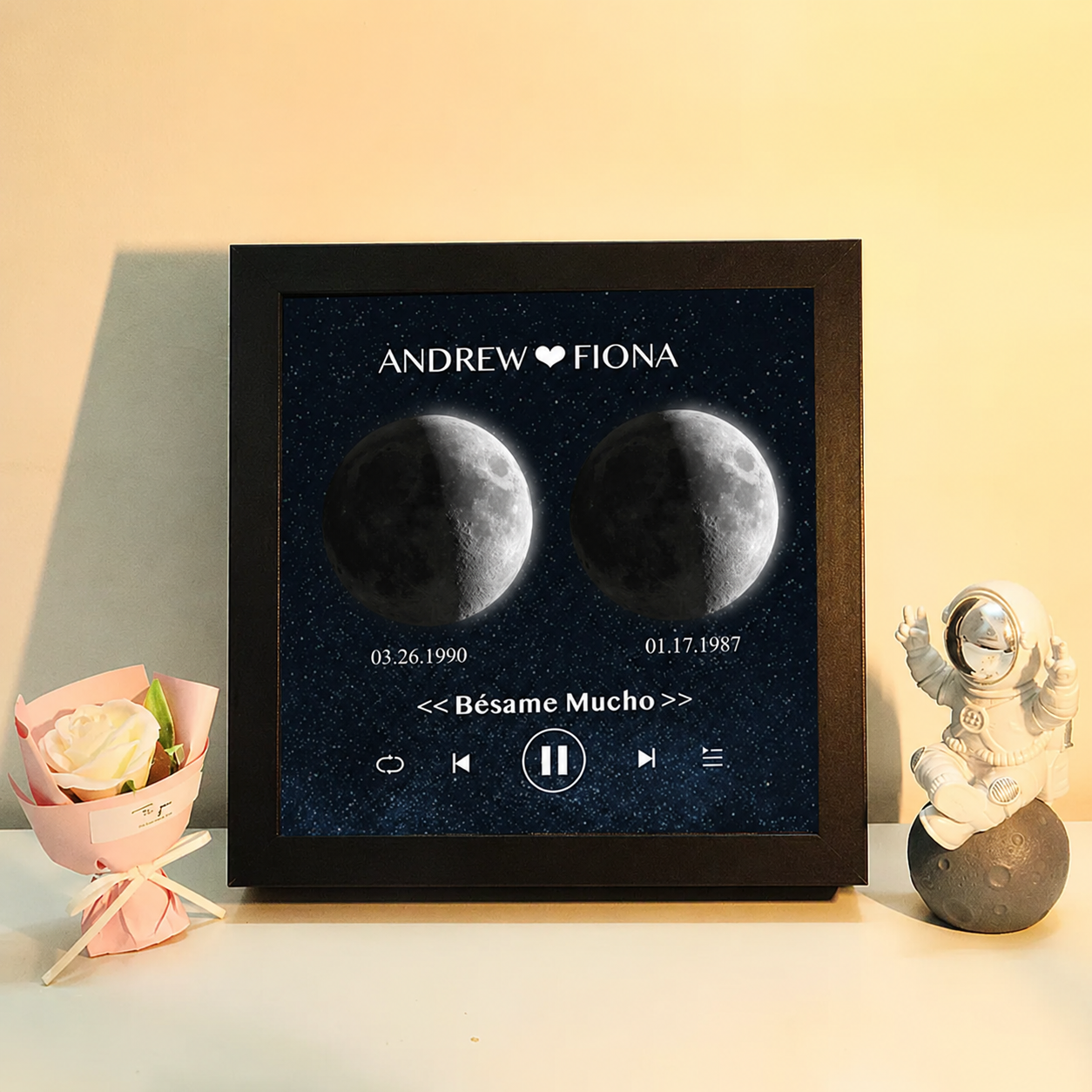 Cuadro de Música con Fases de la Luna y Fecha Personalizada Regalo de Aniversario con Canción Completa