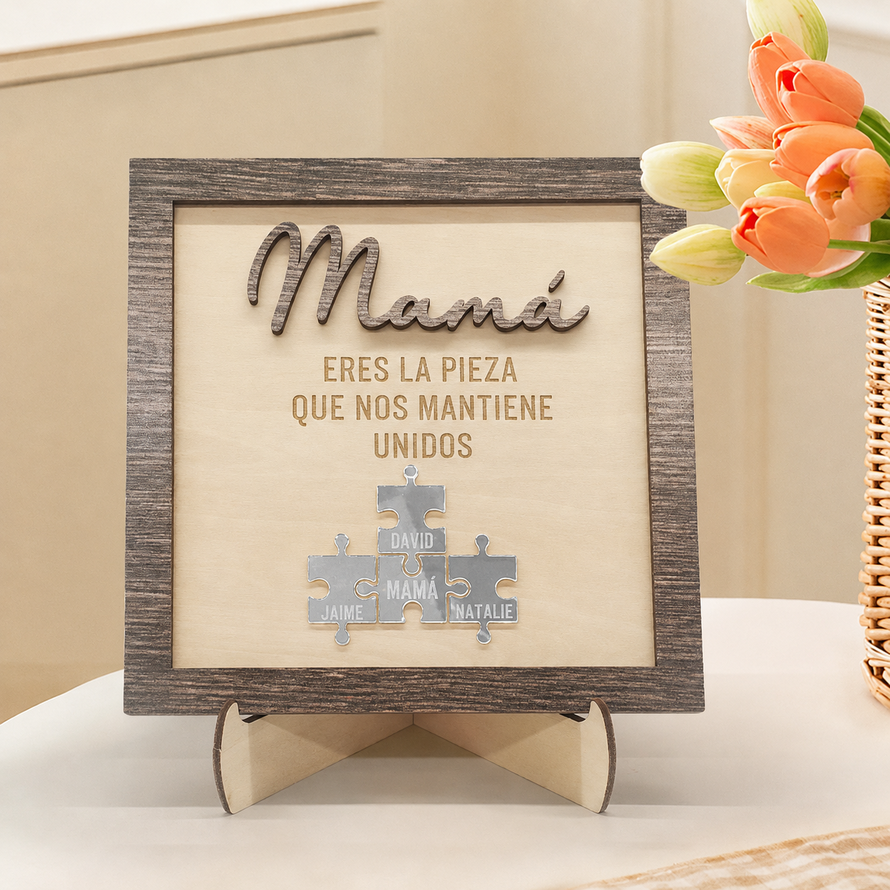 Cuadro Puzzle de Madera Personalizado con Nombres para Mamá Eres la Pieza que Nos Mantiene Unidos Regalo para Mamá