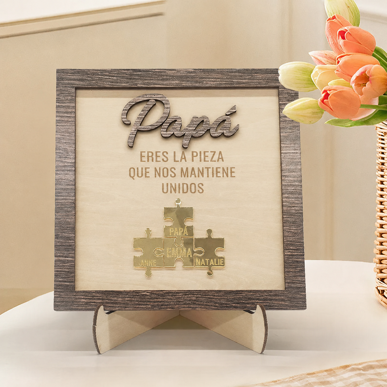 Cuadro Puzzle de Madera Personalizado con Nombres para Papá Eres la Pieza que Nos Mantiene Unidos Regalo para Papá
