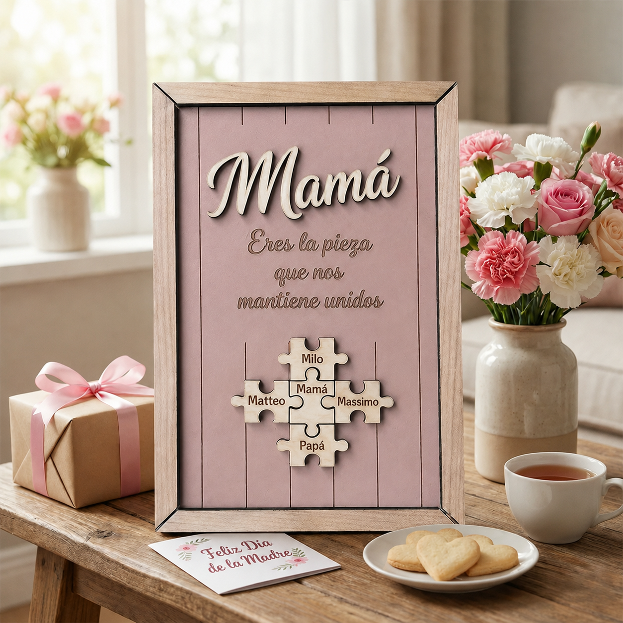Cuadro Puzzle con Marco de Madera Personalizado Eres la Pieza que Nos Mantiene Unidos Regalo para Mamá Colores y Nombres Grabados