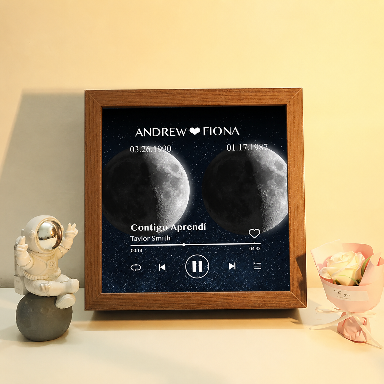 Cuadro de Música con Fases de la Luna y Fecha Personalizada Regalo de Aniversario con Canción Completa