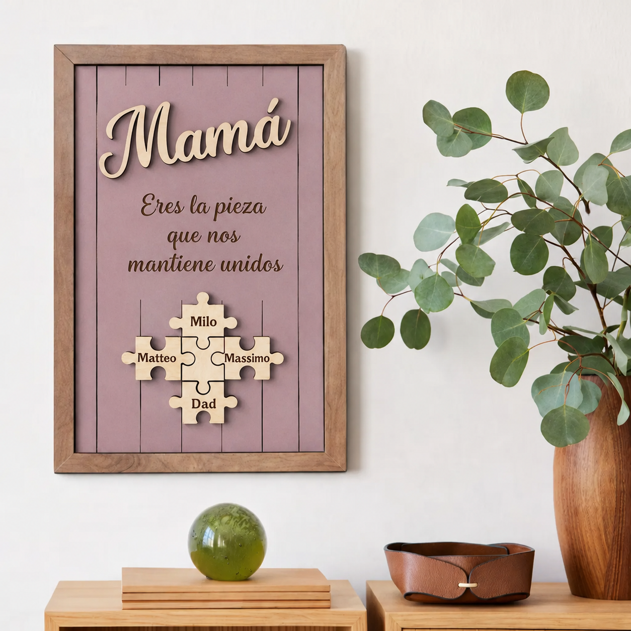 Cuadro Puzzle con Marco de Madera Personalizado Eres la Pieza que Nos Mantiene Unidos Regalo para Mamá Colores y Nombres Grabados