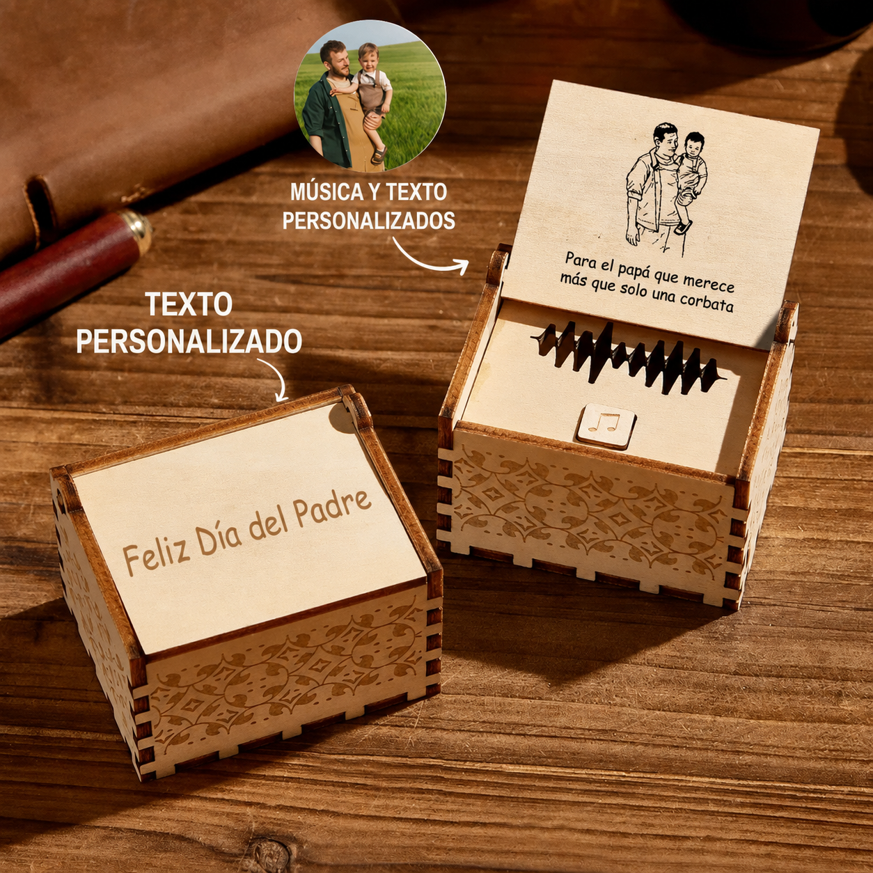 Caja Musical Personalizada de Madera con Foto, Canción Completa y Grabado Regalo para Día del Padre