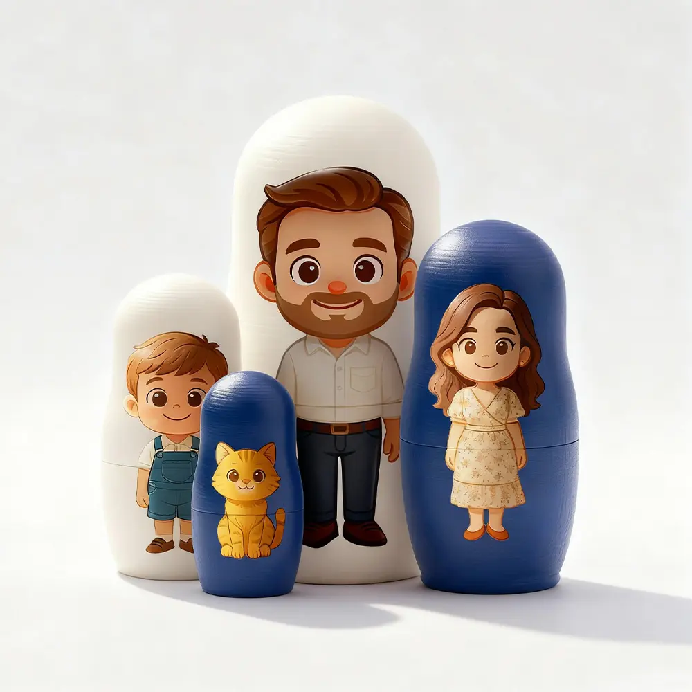 Muñecas Rusas Personalizadas con Retrato Familiar Matrioskas Rusas de Madera Estilo Cartoon Regalo de Navidad